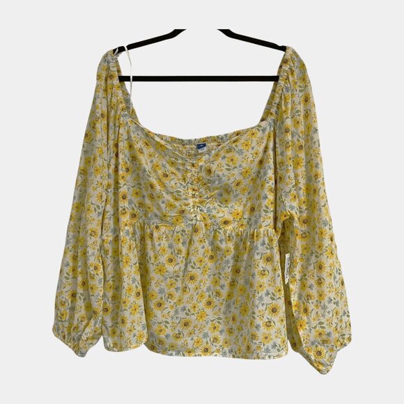 Old Navy Blouse Sweetheart Neck Babydoll Long Sleeves Smocking Yellow Floral 3X - Picture 1 of 10